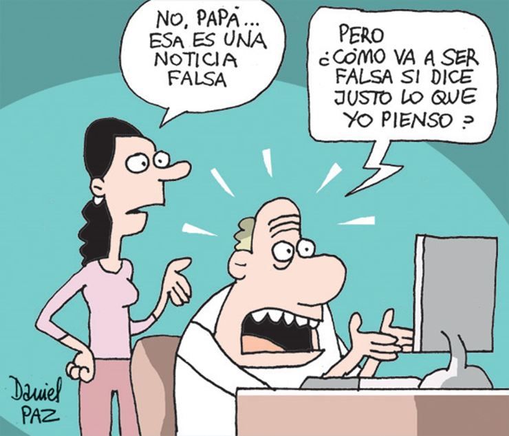 Fake news y sesgo de confirmación Viñeta con diálogo de padre e hija como ejemplo del problema de las fake news y el sesgo de confirmación.